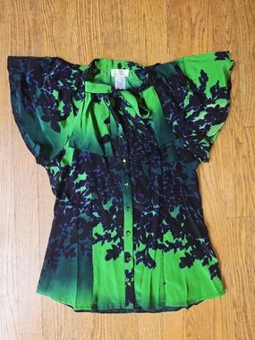 Dept Green Floral Tie-Neck Blouse with Ruffle Yoke - Women Size XS